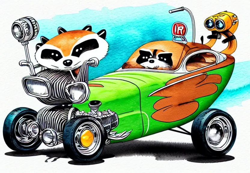 Prompt: cute and funny, racoon with funny expression riding in a tiny hot rod coupe with oversized engine, ratfink style by ed roth, centered award winning watercolor pen illustration, isometric illustration by chihiro iwasaki, edited by range murata