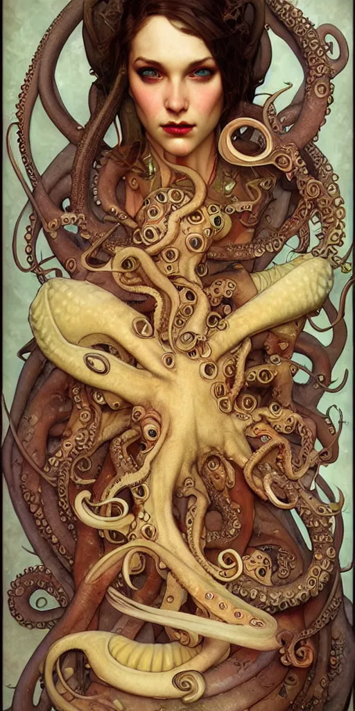 Image similar to fantasy fish, octopus, squid, concept art, schematics, gnarly details painted by tom bagshaw, norman rockwell, mucha, gurney