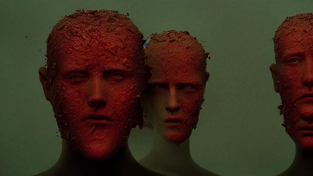 Prompt: the wax head breaches insanity, film still from the movie directed by Denis Villeneuve with art direction by Zdzisław Beksiński, wide lense