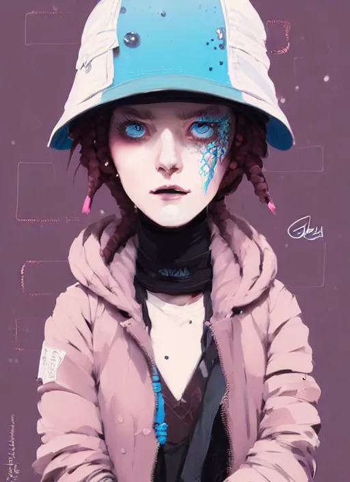 Image similar to highly detailed portrait of a sewer punk lady student, blue eyes, bubble jacket, hat, white hair by atey ghailan, by greg rutkowski, by greg tocchini, by james gilleard, by joe fenton, by kaethe butcher, gradient pink, black, brown and light blue color scheme, grunge aesthetic!!! ( ( graffiti tag wall background ) )