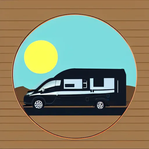 Prompt: very very very stylized minimal vector graphic of a thor chateau motorhome, hills and sunset!!, white background, all enclosed in a circle, dramatic, professional minimal graphic design cartoon