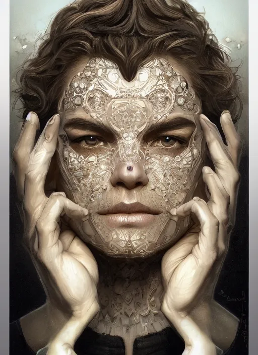 Image similar to symmetry!! antonio banderas, male, machine parts embedded into face, intricate, elegant, highly detailed, digital painting, artstation, concept art, smooth, sharp focus, illustration, art by artgerm and greg rutkowski and alphonse mucha, 8 k