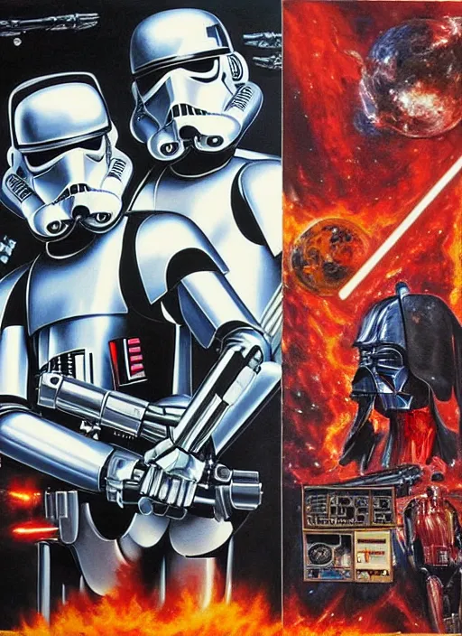 Image similar to 1 9 8 6 poster for star wars meets terminator. oil on canvas. print.