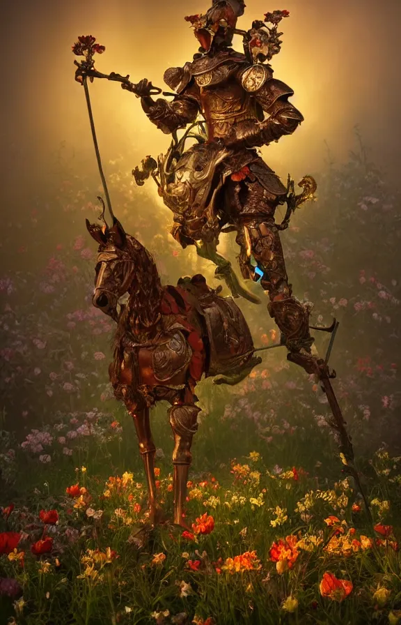 Image similar to full body image of a baroque knight in bed of flowers in dark forest, surrounded by fire and smoke, moody, rim light, dynamic lighting, cinematic shot, gritty, ultra - detail, renderman, physically based render