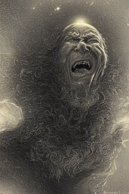 Image similar to an old man screams and a tornado comes out of his mouth by artgem and les edwards, gustave dore, highly detailed, high contrast, light reflection, trippy, nebula, trending on artstation