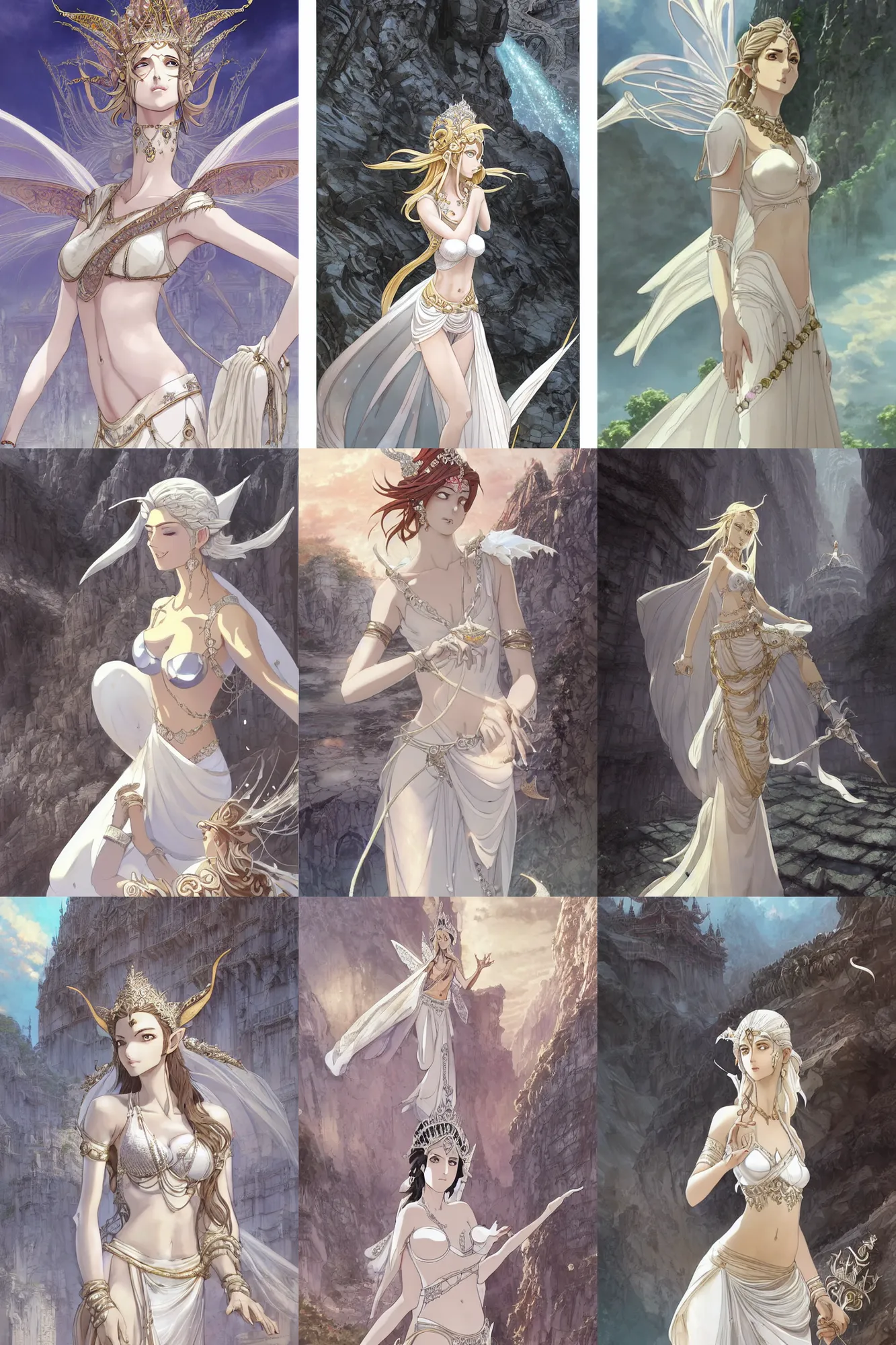 Prompt: Worksafe. Dramatic, cinematic, epic.Fantasy, fairytale.Heavenly Mahabharata gentle elven sorceress fairy princess goddess queen,wearing white luxury bridal bra and jewelry,expressing joy,at huge silver marble palace.By krenz cushart,makoto shinkai and pixiv.Accurately shaped manga face.A very clean image.Bold contour inklines.High contrast and gentle colors.