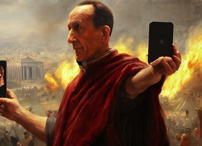 Image similar to julius caesar taking a selfie with an iphone as rome burns behind him by wlop and raymond swanland