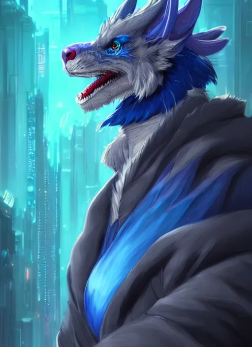 Prompt: beautiful portrait of a sexy male furry anthro blue dragon fursona wearing kimono clothes in a cyberpunk space station. character design by charlie bowater, ross tran, artgerm, and makoto shinkai, detailed, inked, western comic book art