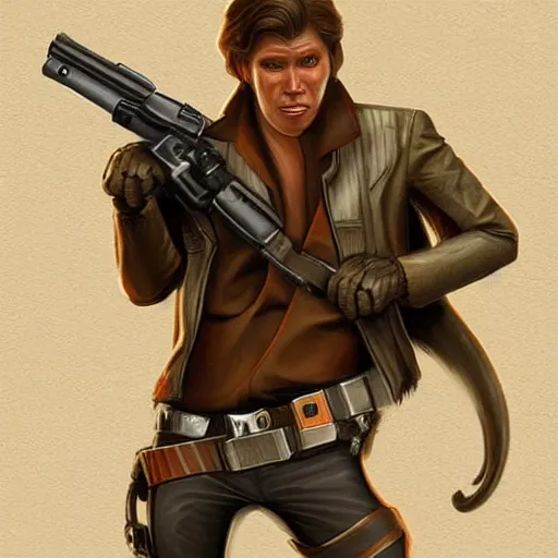 Prompt: monkey dressed like han solo holding his blaster scowling ready for a fight, fantasy concept art trending on art station