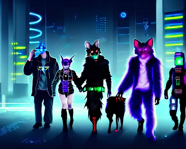 Image similar to high - resolution photograph from a cyberpunk era furry fandom convention ( midwest furfest 2 0 4 7 ), taking place after the genetic revolution and quantum singularity. photorealistic.