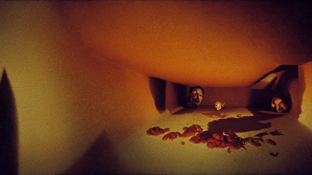 Image similar to the face with the plate of food under my bed, film still from the movie directed by denis villeneuve and david cronenberg with art direction by salvador dali and zdzisław beksinski, wide lens