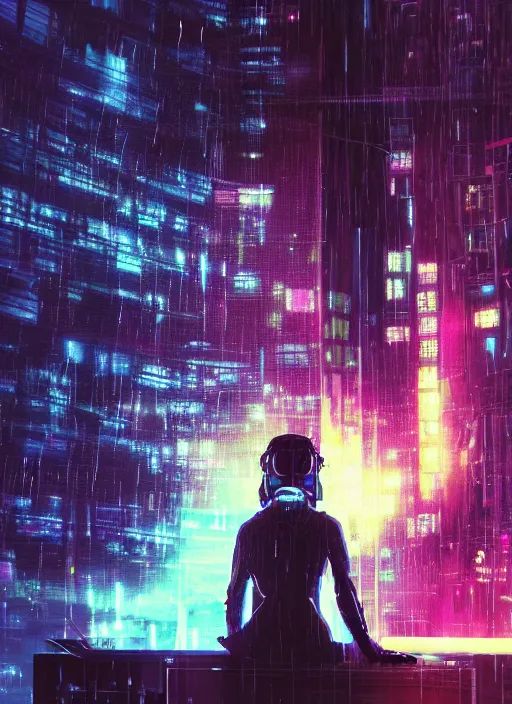 Image similar to lonely cyber person made of cosmic nebula galaxy energy watching a rainy stormy colorful complex cyberpunk futuristic city from behind at night through a window in a room full of wires and screens, 8 k, photorealistic, wet, highly detailed, cinematic mood by ridley scott, ghost in the shell, rendered in octane,, trending on artstation, glowing lights, gloomy, epic composition