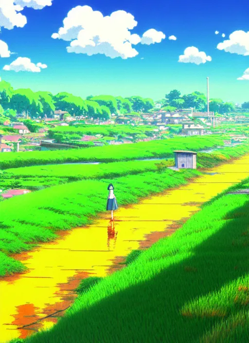 Image similar to a colourful ultradetailed anime illustration of a rainy fields and villages, river, sky, summer, by ghibli, makoto shinkai, bright and transparent animation style, anime art wallpaper 4 k, trending on artstation