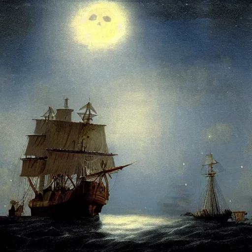 Prompt: moonlit ocean, stars in sky, pirate ship flying in the sky by peter balke