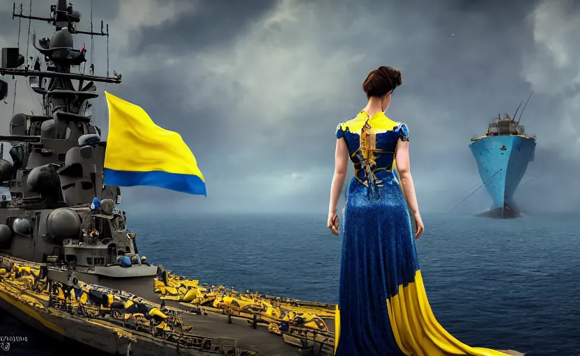 Image similar to cinematic shot from behind of a beautiful girl in national blue and yellow dress with beautiful hair standing against and facing a huge realistic detailed Russian warship on the horizon. She is ready to fight. Ukrainian flag on the left side, concept art, сinematic lighting, insanely detailed, smooth, sharp focus, Artstation, 8k, unreal engine, hyper realistic, steampunk style, bright background, moonlight, volumetric lighting, wallpaper, digital illustration by Ruan Jia and Mandy Jurgens and Artgerm and Wayne Barlowe and Greg Rutkowski and Zdislav Beksinski