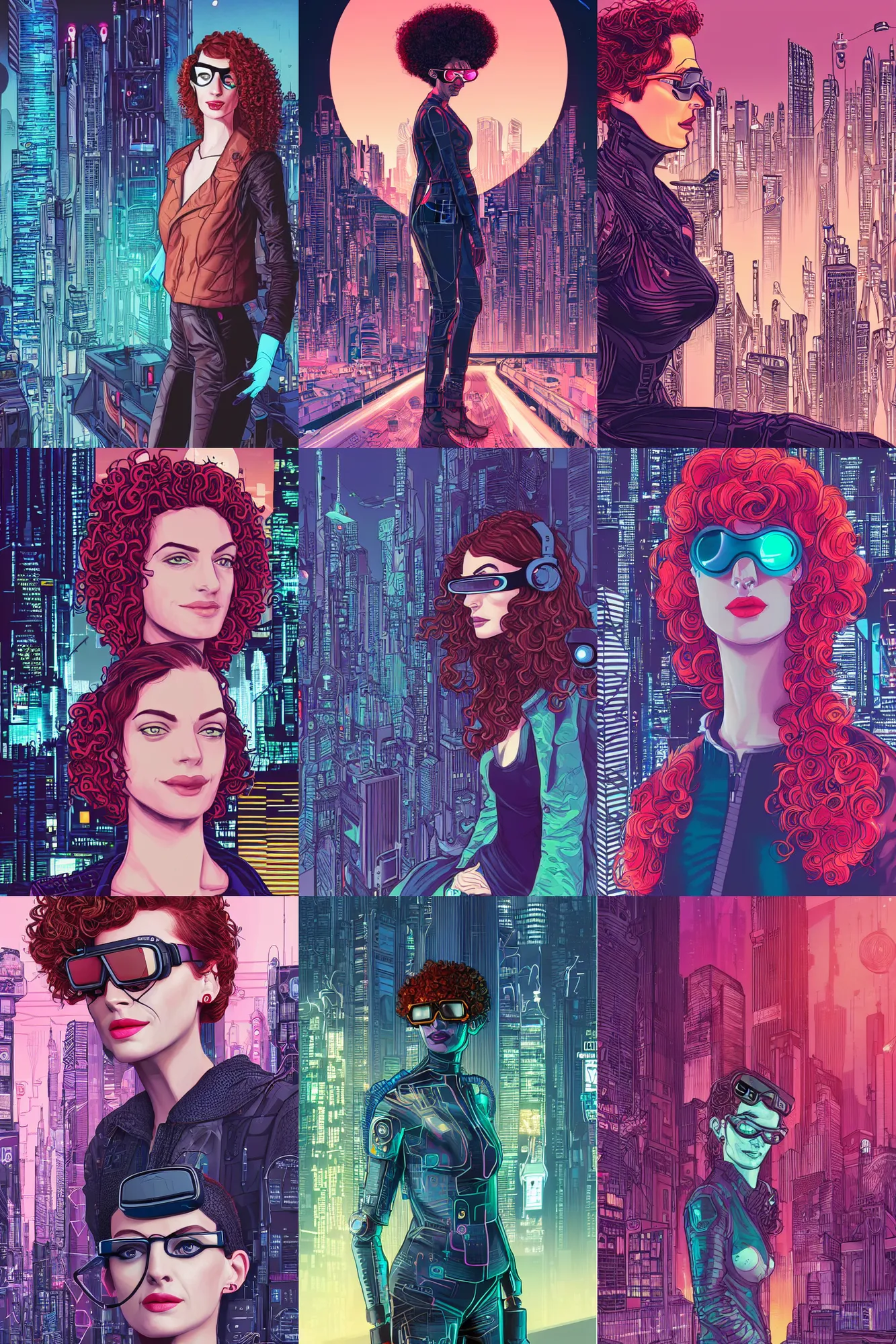 Prompt: curly redhead anne hathaway portrait thin vr glasses, cyberpunk clothes, night city in the background, by josan gonzalez