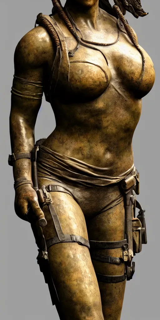 Image similar to detailed photo of an old bronze patina statue of beautiful lara croft, full body portrait, photorealism, intricate detail, museum diffuse lighting