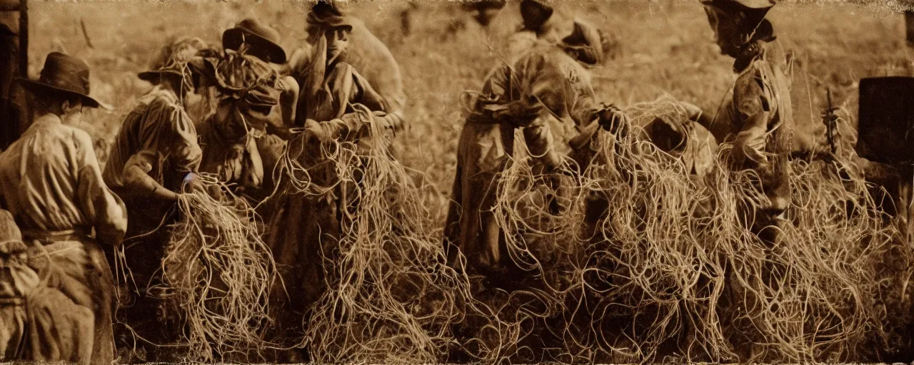 Image similar to harvesting spaghetti during the gold rush, tintype, small details, intricate, sigma 5 0 mm, cinematic lighting, photography, wes anderson, diane arbus, film, kodachrome