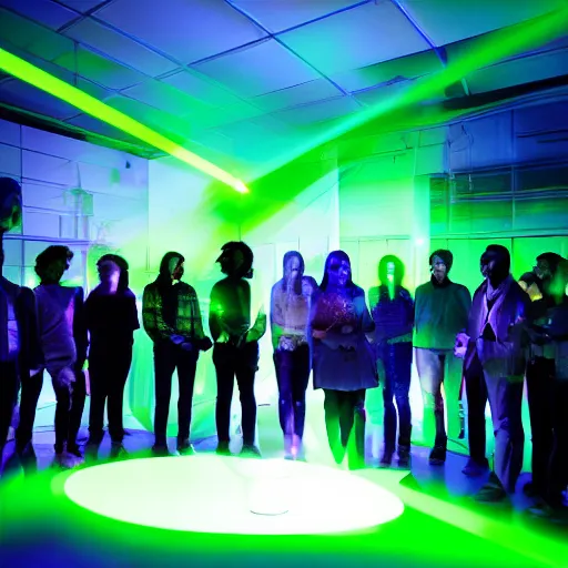 Prompt: a group of people in a room with green laser lights, a hologram by alesso baldovinetti, cg society, holography, glowing neon, glowing lights, kinetic