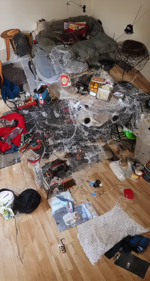 Image similar to home for eight legged lads, unfurnished house, spiderwebs, beer cans, blanket and vape on floor