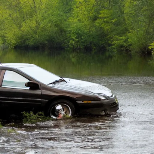 Prompt: a chevy cavalier, sinking in a river, photo