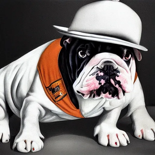 Image similar to a hyperrealistic portrait of an english bulldog as a gangster wearing hip hop clothes, streetwear, divorced