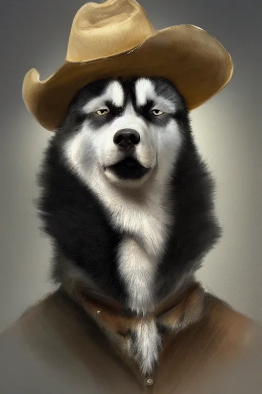 Prompt: a portrait painting of a husky in cowboy costume, wearing a cowboy hat, by rembrandt, character design, trending on artstation