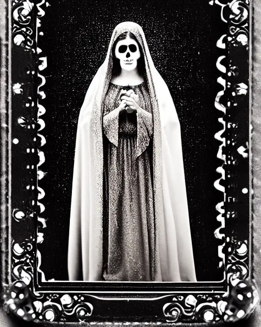 Prompt: tintype virgin mary in dia de muertos dress and makeup high quality photo, microchip, artificial intelligence, bio - mechanical bio - luminescence, black wired cables, neurons, nerve cells, cinematic, rim light, photo - realistic, high detail, 8 k, masterpiece, high fashion, in the style of steven meisel dora maar h. r. giger