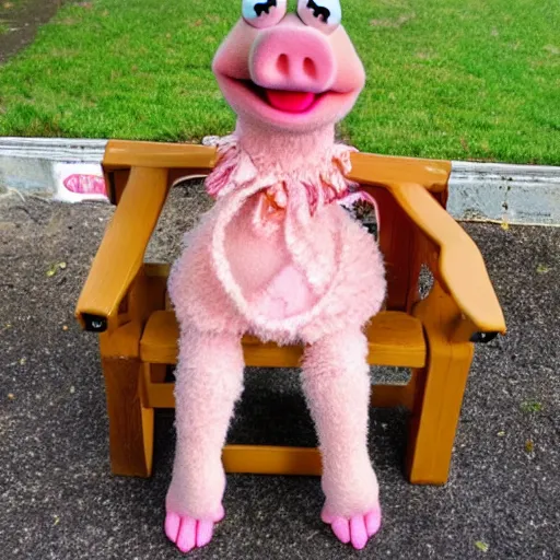 Prompt: miss piggy Muppet sitting on a chair