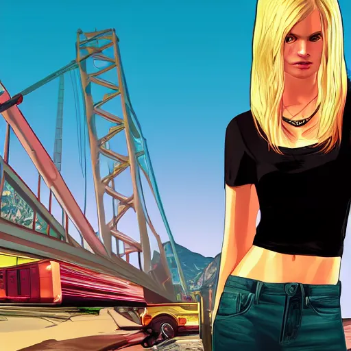 Prompt: girl with blond long hair in GTA V cover