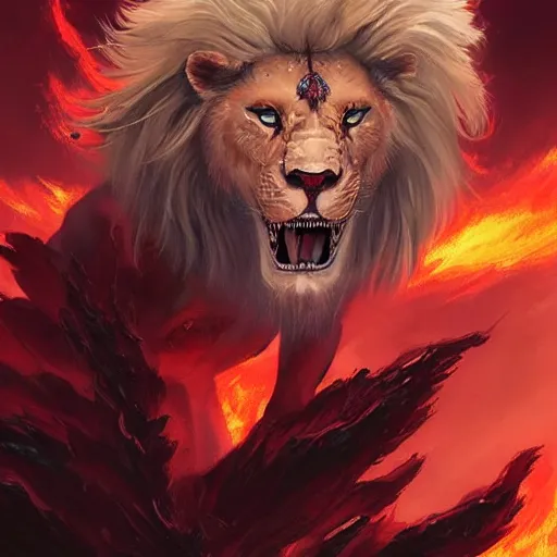 Prompt: aesthetic portrait commission of a albino muscular and attractive anthro lion as a satanic muscular overlord with mane fur turning into cosmic red fire and black smoke in the volcanic burning clouds, fantasy art, hyperdetailed. Character design by charlie bowater, ross tran, artgerm, and makoto shinkai, detailed, inked, western comic book art, 2021 award winning painting