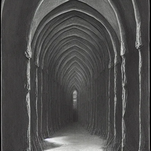 Prompt: cathedral, inquisition, reconquest. unsettling. semi - organic. tunnel, doorways. zdzisław beksinski