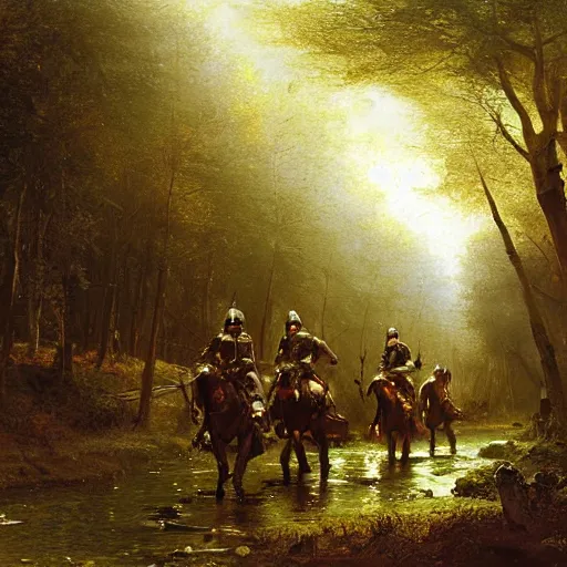 Image similar to a group of medieval european knights are riding in a column through a dark wood along a small stream, highly detailed, digital painting, sharp focus, by alber bierstadt greg rutkowski