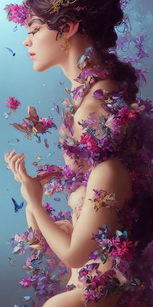 Prompt: beautiful, young woman, extremely detailed gorgeous face, sad eyes tears, vaporwave aesthetic, synthwave long luxurious gown made our of pearls, digital art, flowers, butterflies, birds, painting, artstation, concept art, smooth, sharp focus, illustration, art by artgerm and greg rutkowski and alphonse mucha