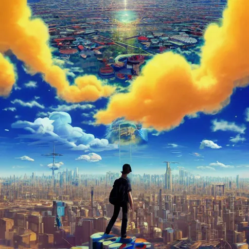 Prompt: a young man walking on clouds away from the camera perfectly centered above post - apocalyptic city by takashi murakami, beeple and james jean, aya takano color style, 4 k, super detailed, modern, 4 k, symmetrical