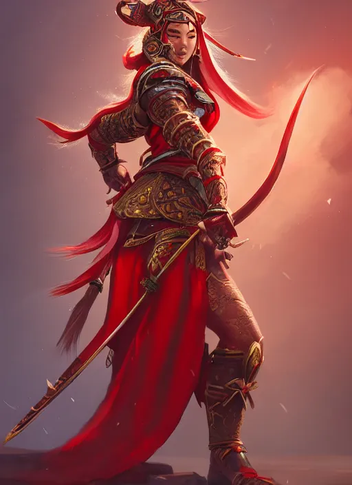 Prompt: a highly detailed illustration of fierce mongol warrior princess wearing red robe, heroic wielding bow pose, intricate, elegant, highly detailed, centered, digital painting, artstation, concept art, smooth, sharp focus, league of legends concept art, wlop.