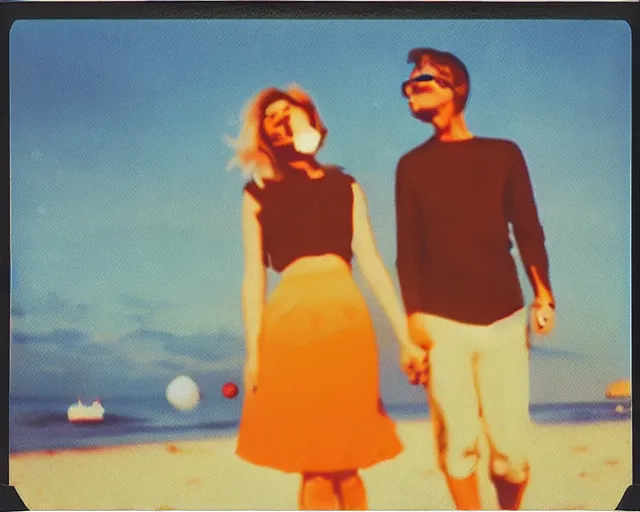 Image similar to a couple walks on the beach, hundreds of spheres in the sky, violet and yellow sunset, polaroid photo, whimsical and psychedelic, 1 9 6 0 s, grainy, expired film, glitched