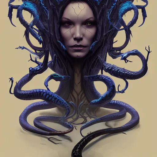 Prompt: dark queen of snakes, crown of snakes, blue skin, realism, dark fantasy, cgsociety, artstation