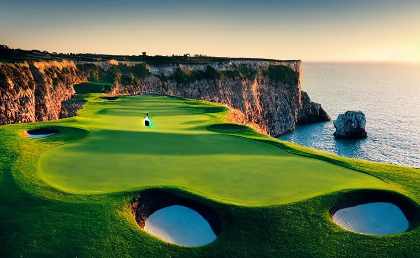 Image similar to a great photograph of the most amazing golf hole in the world, cliffs by the sea, perfect green fairway, human perspective, ambient light, 5 0 mm, golf digest, top 1 0 0, golden hour