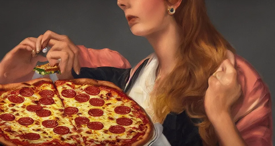 Prompt: the queen eating a pizza, 4k, photorealistic, hyper detailed