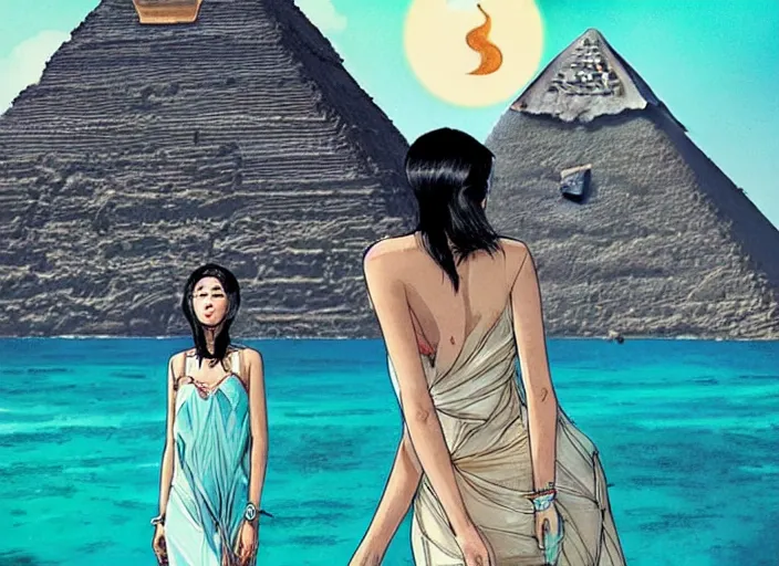 Image similar to lee jin - eun in luxurious dress emerging from turquoise water in egyptian pyramid city during an eclipse by android james, conrad roset, m. k. kaluta, martine johanna, rule of thirds, elegant look, beautiful, chic