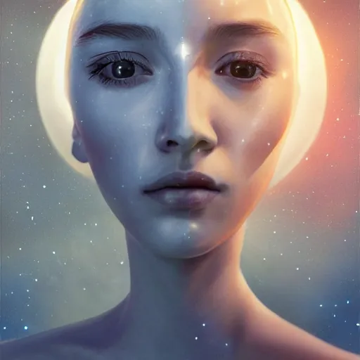 Prompt: sci - fi, close - up, 3 d, moon rays, night, sleepy fashion model face, cinematic, clouds, sun rays, vogue cover style, poster art, blue mood, realistic painting, intricate oil painting, high detail illustration, figurative art, multiple exposure, moon, 3 d, by tooth wu and wlop and beeple and greg rutkowski