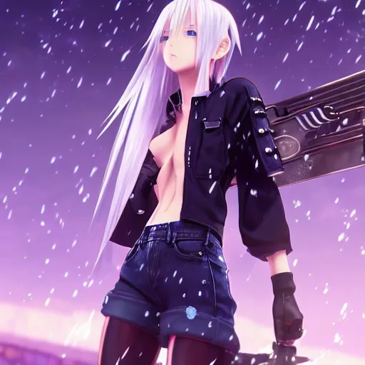 Image similar to beautiful anime girl in the style of final fantasy 7 with purple eyes, wearing jeans, perfect body, standing in the rain, high quality anime art, trending on artstation, 8K octane render, wallpaper