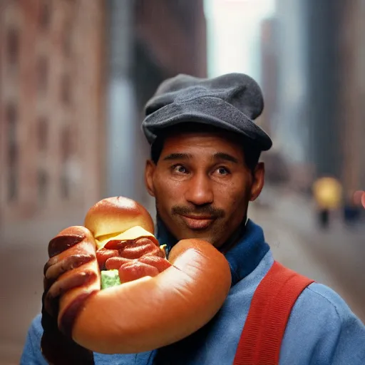 Image similar to closeup portrait of a man carrying a giant hotdog on his shoulder in a smoky new york back street, by Annie Leibovitz and Steve McCurry, natural light, detailed face, CANON Eos C300, ƒ1.8, 35mm, 8K, medium-format print