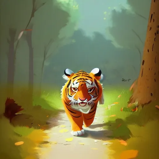 Image similar to goro fujita ilustration a cute tiger walking in the forest, painting by goro fujita, sharp focus, highly detailed, artstation