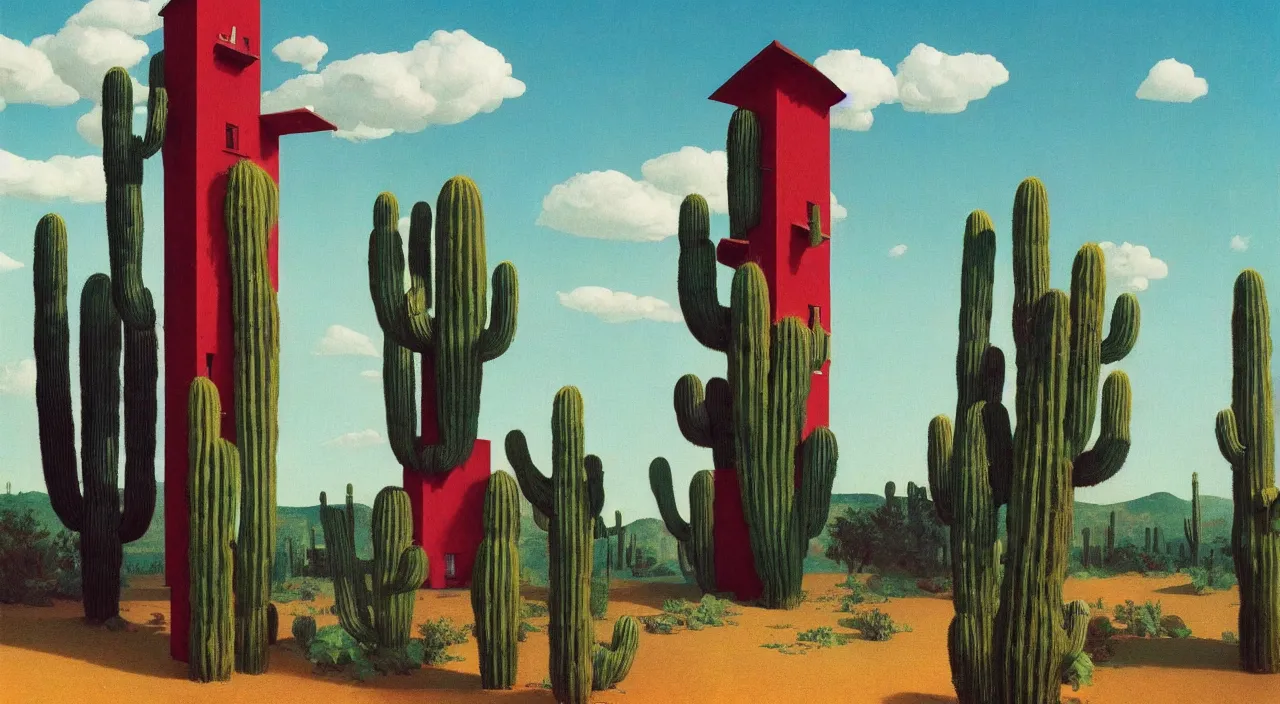 Prompt: single flooded simple cactus wooden tower!, very coherent and colorful high contrast!! masterpiece by rene magritte simon stalenhag carl spitzweg syd mead norman rockwell edward hopper james gilleard, minimalist, dark shadows, sunny day, hard lighting