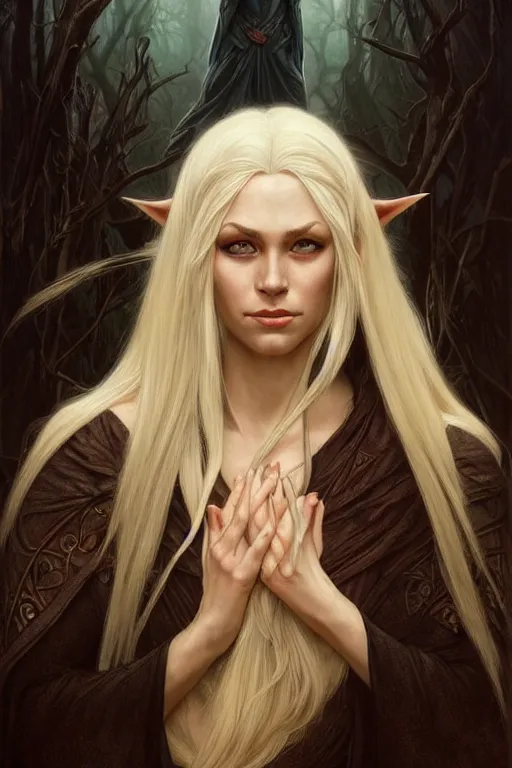 Image similar to portrait of an old blonde elven mage, dark, piercing eyes, gentle expression, elegant clothing, photorealistic, highly detailed, artstation, smooth, sharp focus, art by michael whelan, artgerm, greg rutkowski and alphonse mucha