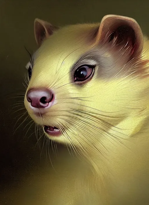 Image similar to a beautiful closeup shot from a fantasy film of a ferret with golden eyes. an animal with yellow eyes. portrait. joseph ducreux, greg rutkowski.