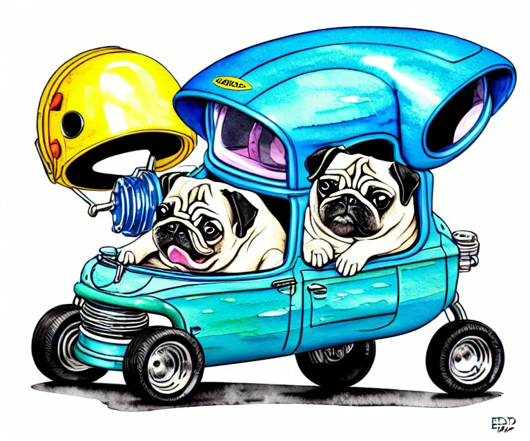 Image similar to cute and funny, pug wearing a helmet riding in a tiny hot rod with oversized engine, ratfink style by ed roth, centered award winning watercolor pen illustration, isometric illustration by chihiro iwasaki, edited by range murata, symmetrically isometrically centered