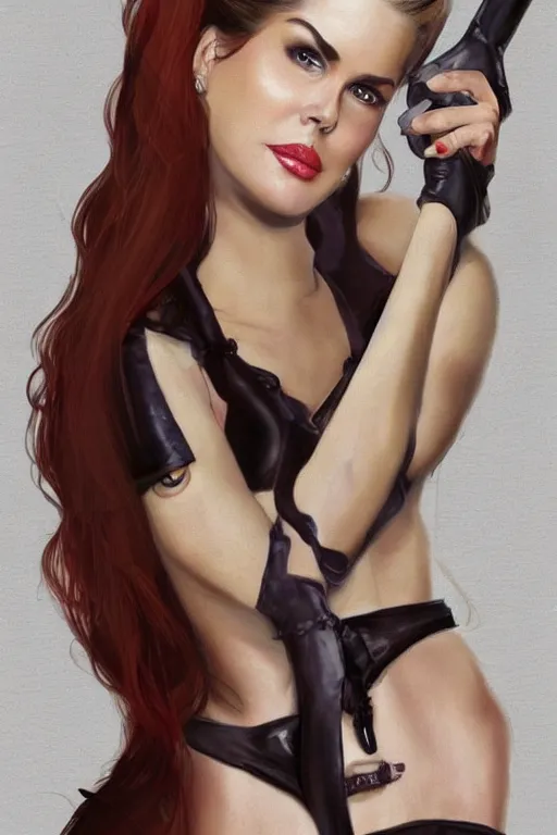 Image similar to mix of beautiful young maria shriver, mariel hemmingway, brooke shields, nicole kidman and elle macpherson as a dominatrix, thin lips, hair tied up in a pony tail, dark blonde hair, colorful, deviantart, artstation, cgsociety